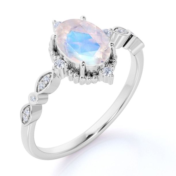 JeenMata Anillo de Bodas Bohemio Antiguo con Piedra Lunar Azul Ovalada y Moissanita de 1,5 Uds en Oro Blanco de 18 K sobre Plata