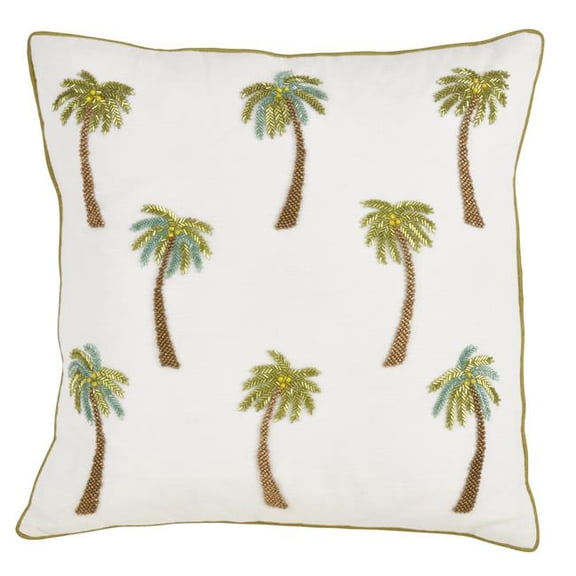 SARO 1740.W18S 18 in. Square Poly Filled Throw Pillow with Beaded Palm Trees - White