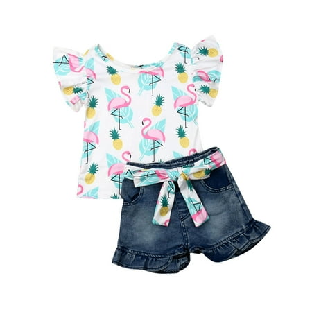 

Musuos Baby Girl s Summer Outfit Sets Flying Sleeve Flamingo/Watermelon Print T-shirt + Denim Shorts with Bowknot Belt