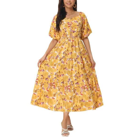 INSPIRE CHIC Women's Summer Casual Flowy Beach Square Neck Puff Short Sleeve Smocked Back Boho Floral Maxi Dress Yellow S