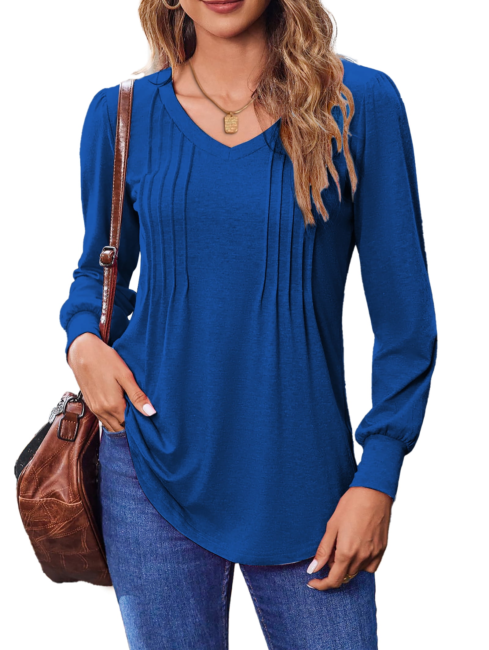 Fantaslook Long Sleeve Shirts for Women Fall Tops Dressy Casual Blouses Pleated V Neck Tunic Tops