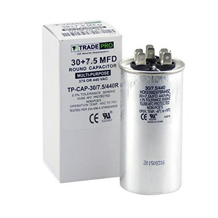 Heat Pump Capacitor 35 + 7.5 mfd dual capacitor, industrial grade replacement for central air-conditioners, heat pumps, condenser fan motors, and compressors. round multi-purpose 370/440 volt - by trade pro ()