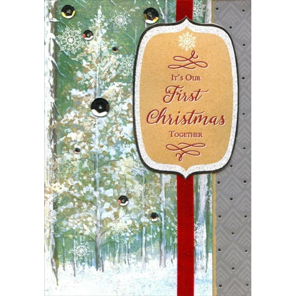 Designer Greetings White Evergreen Tree on Light Green, Silver Sequins, 3D Banner Over Red Ribbon First : 1st Christmas Together Hand Decorated Christmas Card