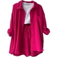 thumbnail image 2 of Women Crinkled Textured Two Piece Outfit Set, Lapel Long Sleeve Button Shirt & High Waist Drawstring Shorts, Plus Size Casual Loungewear Suit for Vacation Daily Street Wear 02-Hot Pink M, 2 of 5
