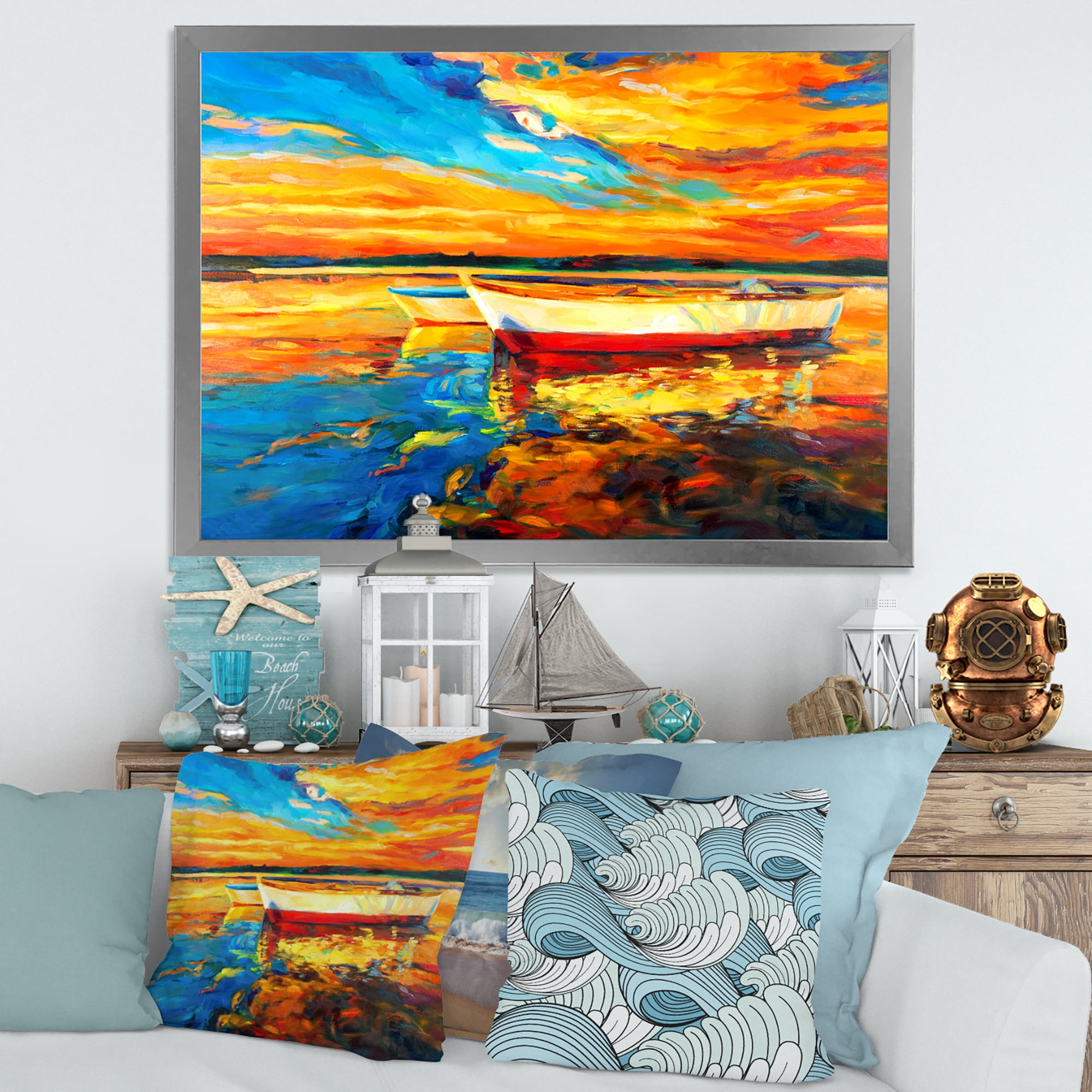 Designart 'Red and White Boats By The Pier At A VIbrant Sunset' Nautical & Coastal Framed Art Print