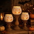 thumbnail image 7 of Rustic White Pumpkin Tealight Candle Holder Set of 3, Farmhouse Jack O Lantern Tea Light Holders with Wood Look Pedestal and Jute Bow, 7 of 7