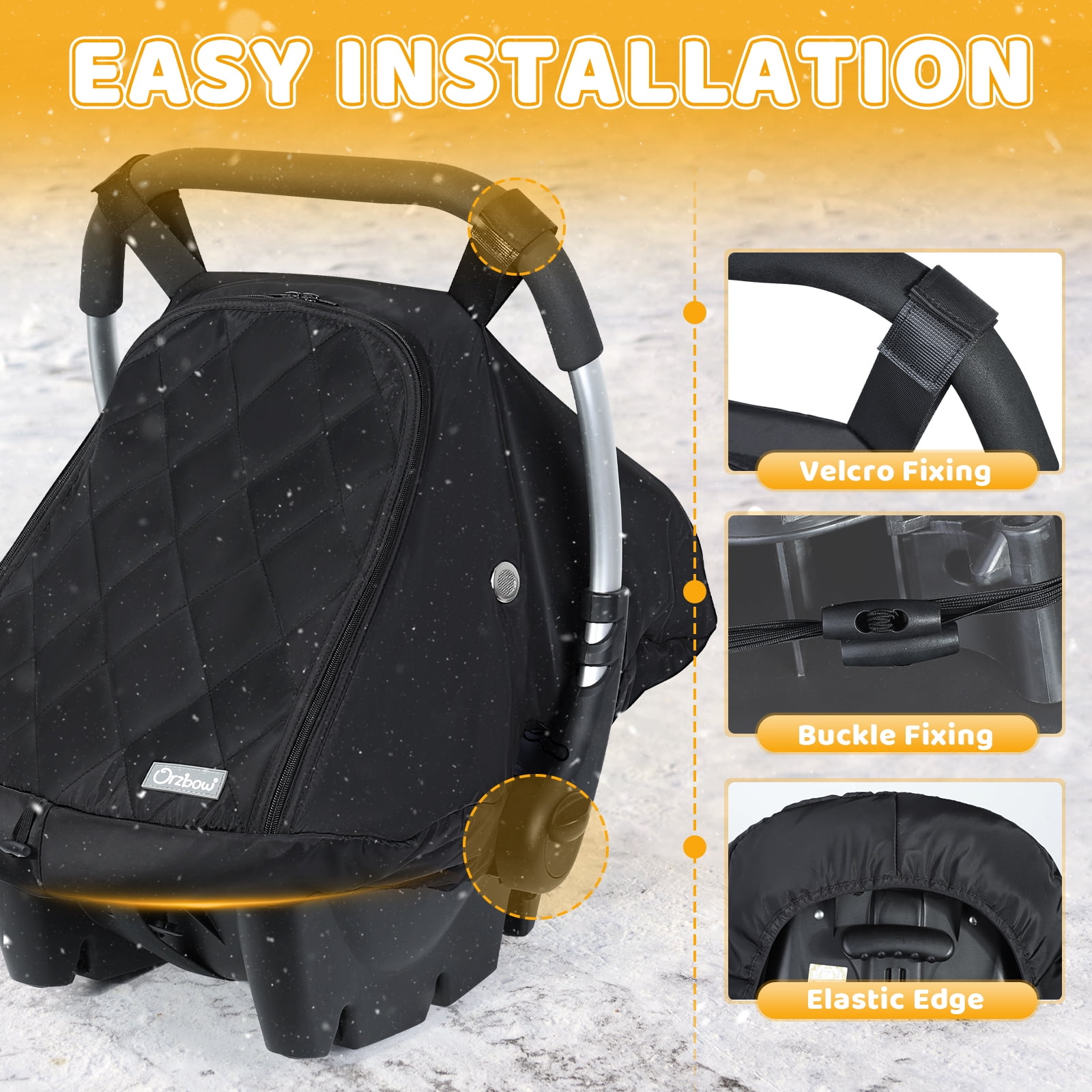 Orzbow Winter Baby Car Seat Cover with Front Zipper Door, Cold Weather Carseat Cover Canopy, Side Breathable, Rain, Snow and Wind Proof Car Seat Carrier Canopy Cover, Machine Washable, Black