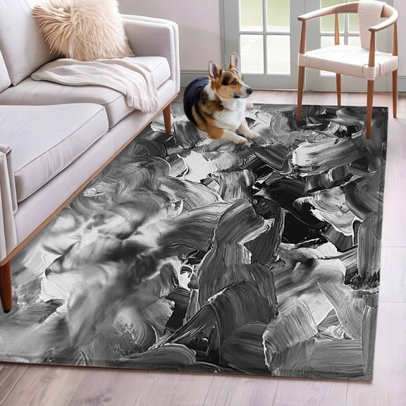 Black Gray Washable Area Rugs 2.7'x5', Abstract Modern Polypropylene Pigment Taxture Vintage Low Pile Throw Living Room Rug Non-Slip Sturdy Edge Binding Carpet for Indoor Entryway Bedside Kitchen