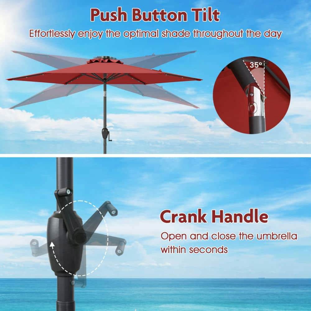 Spaco 7.5 Feet Solar Powered Patio Umbrella, Outdoor Shade with LED Lights and Crank Handle, Red