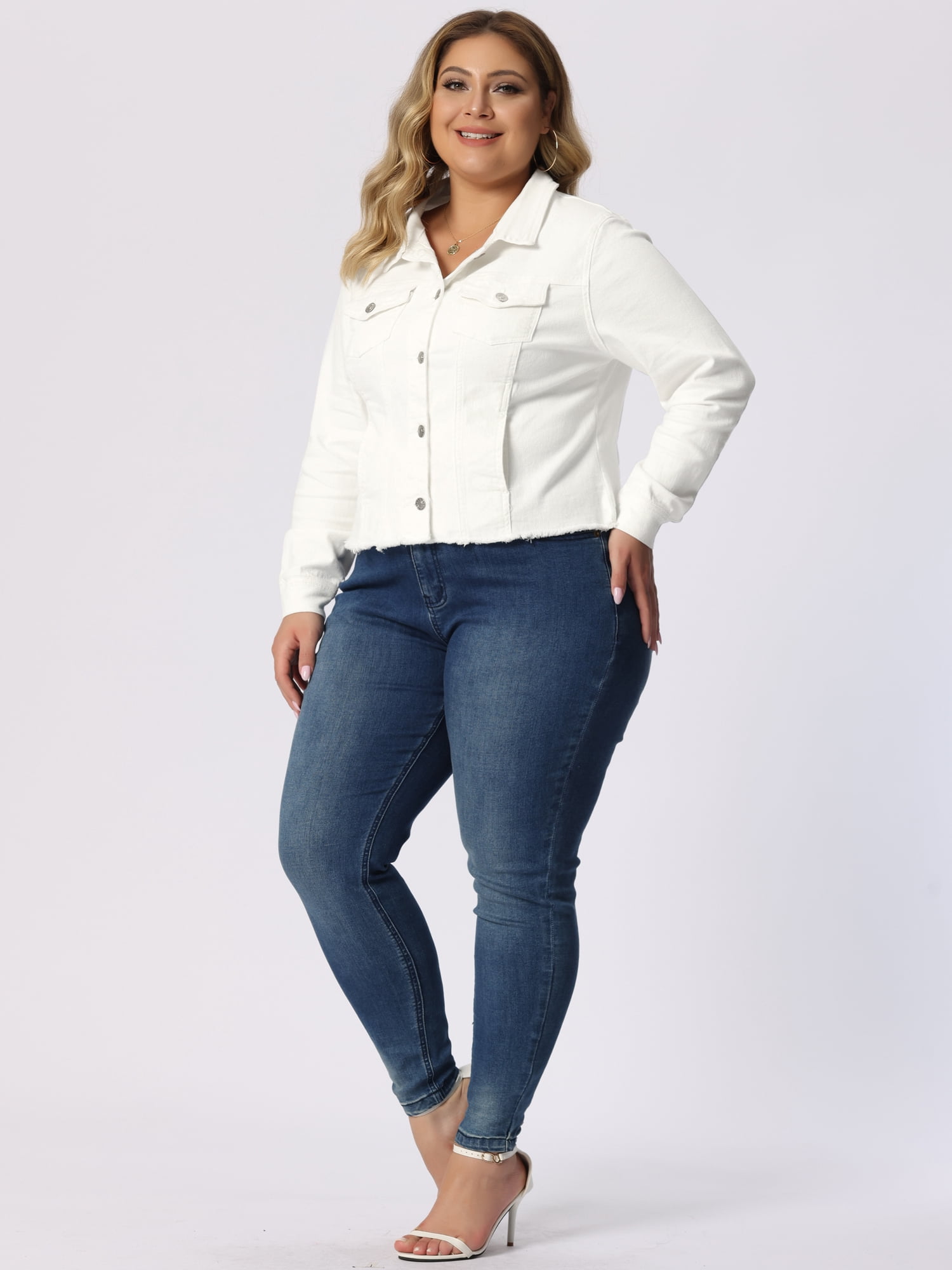 DARING DIVA Women's Plus Size Washed Front Frayed Classic Denim Jacket 6X White