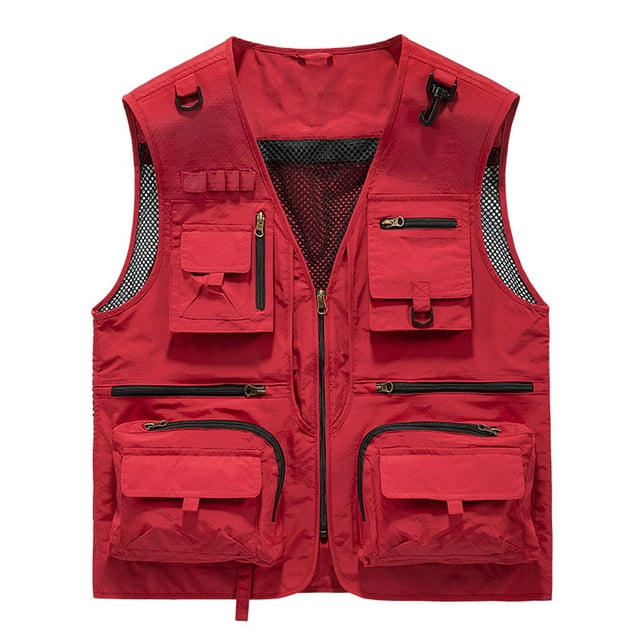 TIMIFIS Gilets Cargo en Maille Rouges pour Hommes Plein Air Travail Pêche Voyage Photo Été Décontracté Travail Multiples Poches Gilet Respirant Veste Automne