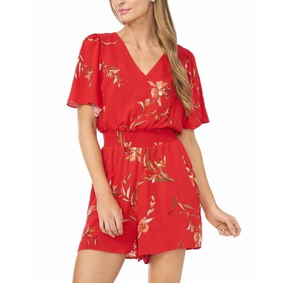 CeCe womens V Neck Flutter Sleeve Romper, m, Red
