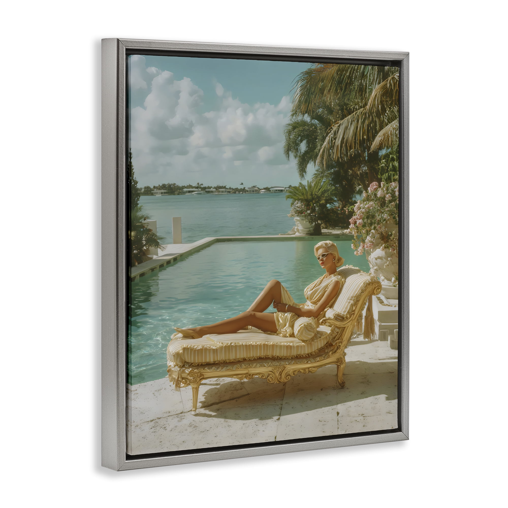 Stupell Industries Vintage Poolside Woman Gray Framed Floater Canvas Wall Art, design by Franklyn Gregory