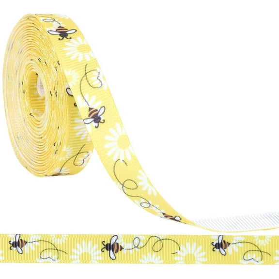 10 Yards 3/8 Inch Yellow Bee Ribbon White Polyester Bees Pattern Print Ribbon Spring Printed Grosgrain Fabric Ribbons Thin Bulk Roll for Sewing Making Crafts Wreaths Home Party Decor Supply