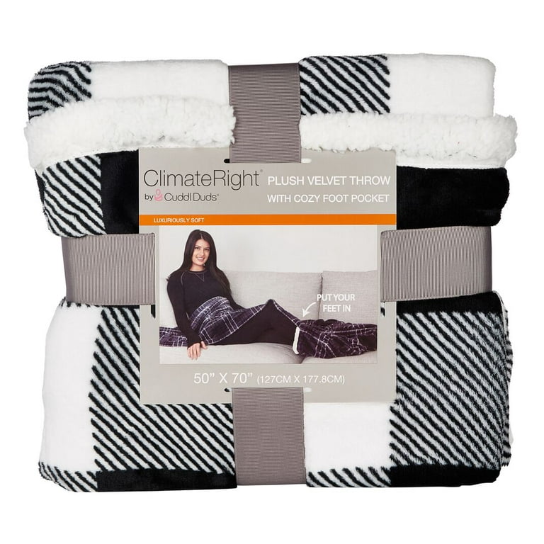 Oversized Velvet Plush Throw Blanket with Cozy Foot Pocket Black