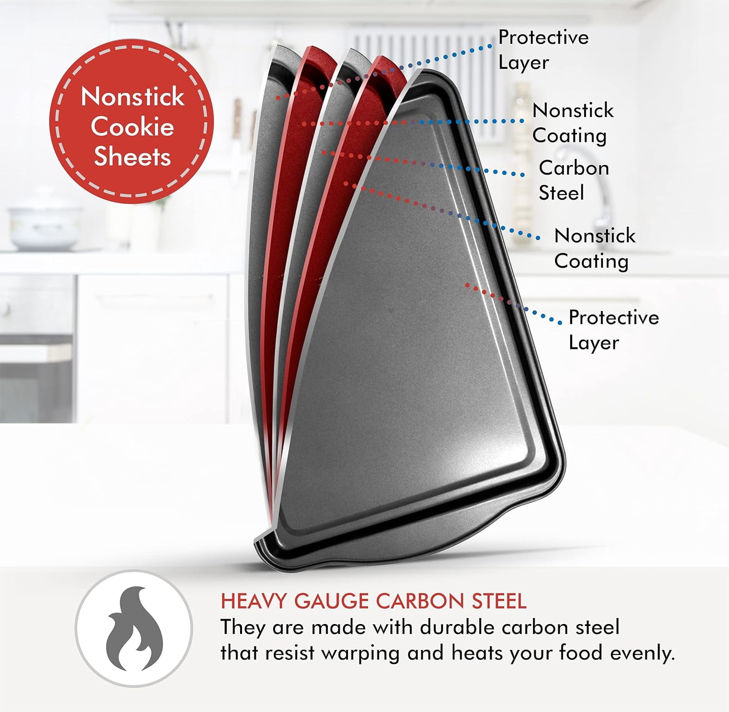 Perlli 3-Piece Cookie Sheet Oven Tray Set with Gray Handles for Non Stick Baking (Small, Medium, Large Trays)