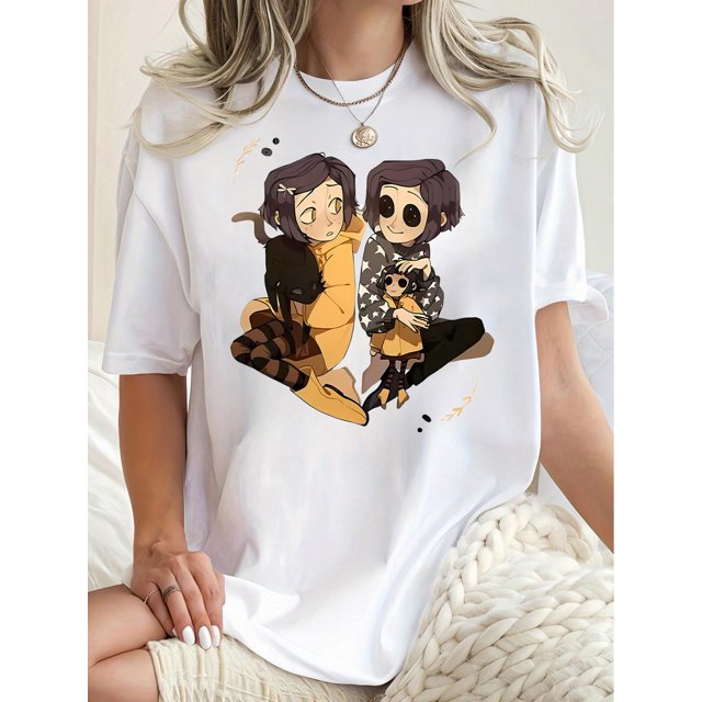 Women's Fun Cartoon Print T-Shirt - Casual Crew Neck, Short Sleeve, Stretchy Polyester Blend, Machine Washable, Summer Fashion Tee with Unique Doll Design