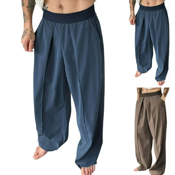 FRSASU Men's Baggy Wide Leg Pants Fly Pleated Elastic Waisted Trousers Business Casual Dress Pants Coffee