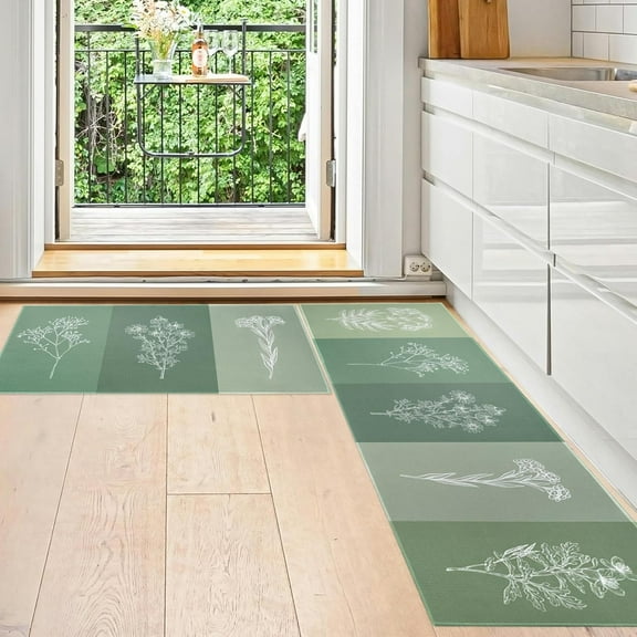 Sage Green Kitchen Mats Set Mats for Floor, Modern Runner Area Rug Floor Mat, 17x30 and 17x47 Inches, Farmhouse Boho Green Kitchen Decor and Accessories, Gradient Green Plants