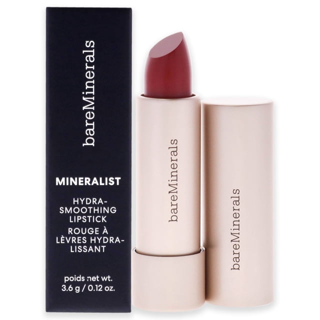 lápiz labial hidratante mineralist hydra-smoothing - intuition de bareminerals para mujeres - lápiz labial de 0,12 oz bareminerals labial frontal: tubo champán con tapa a la derecha y bala burdeos satinado expuesta; caja negra con texto 'bareMinerals' a la izquierda. Ideal para maquillaje de labios e hidratación; también suele usarse como barra de retoque portátil.