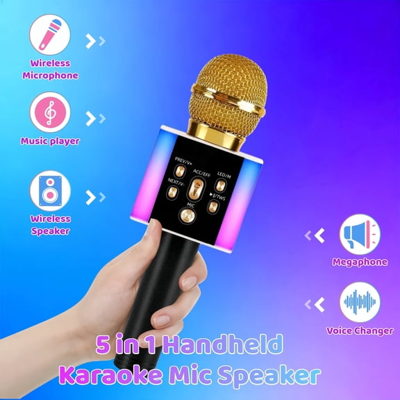 Wireless Karaoke Microphone Speaker with LED Lights & Voice Changer, Portable Bluetooth Singing Mic for Parties, Travel & Family Fun, Gold