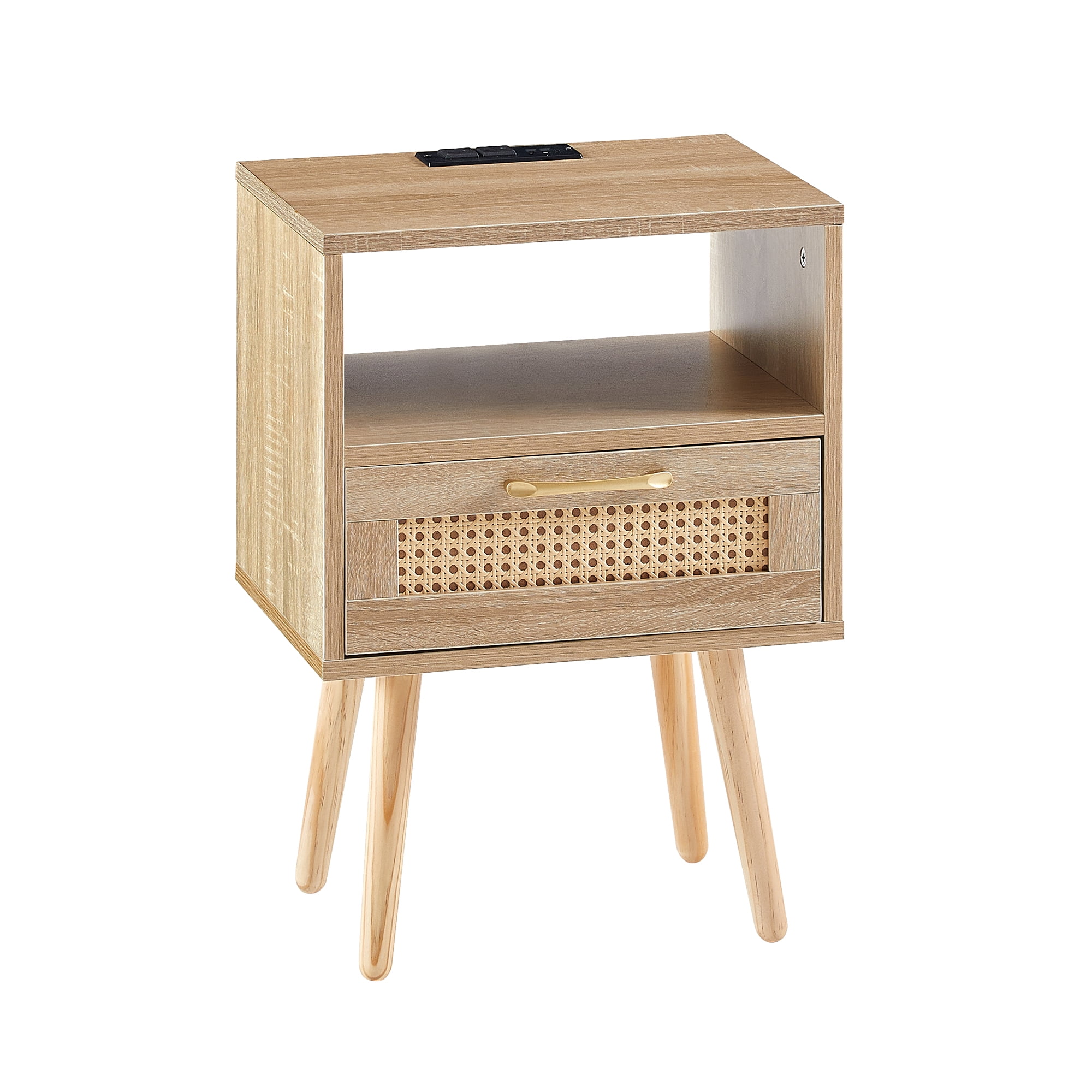 MAYEERTY 15.75" Rattan End Table with Power Outlet & USB Ports – Modern Nightstand with Drawer & Solid Wood Legs, Natural