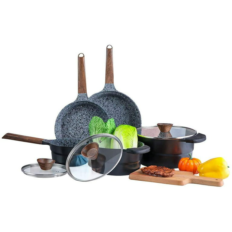 MF Studio 15-Piece Kitchen Cookware Set Pots and Pans Non-stick Set,  Hammered Granite Cookware with Lid, Black - Walmart.com