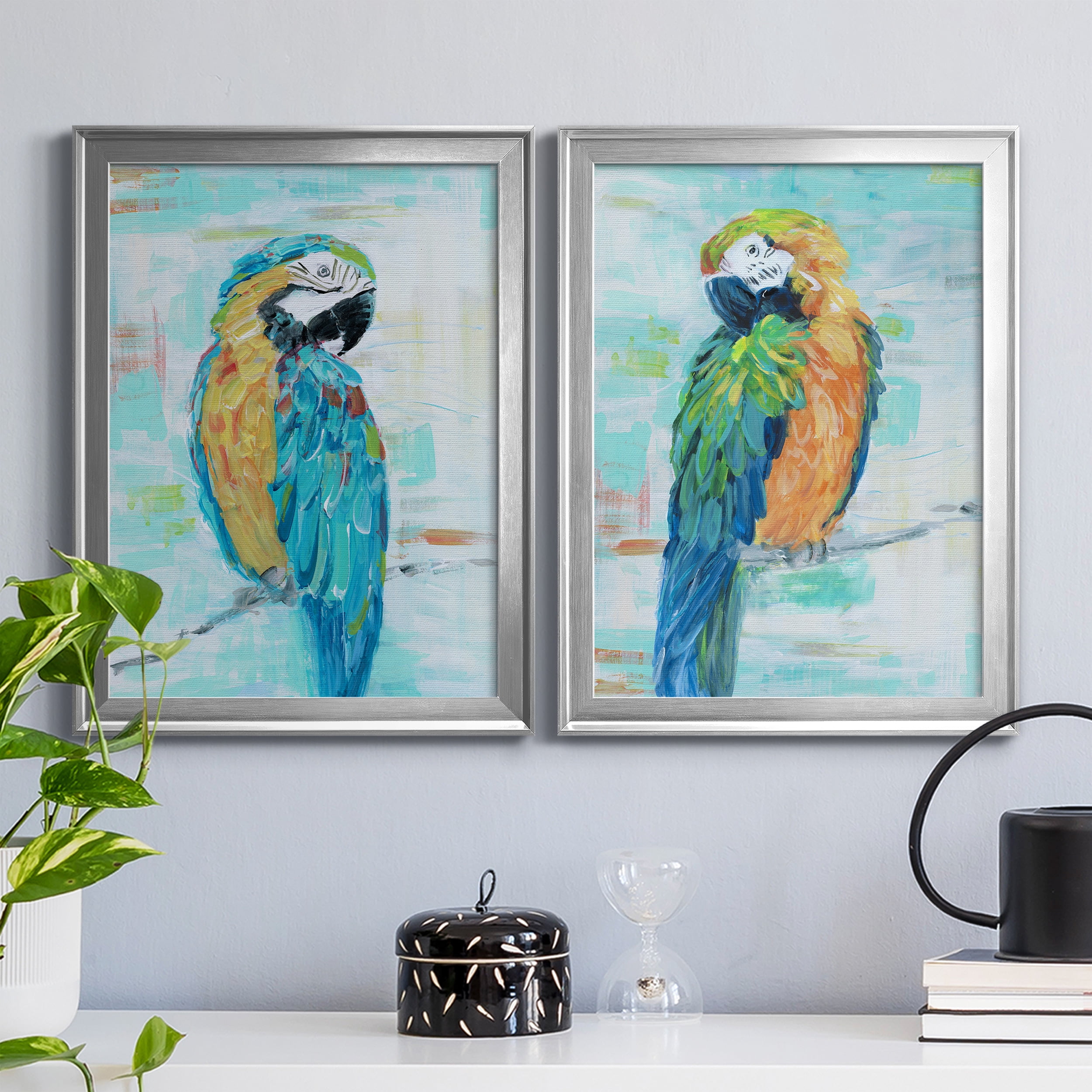 2 Piece Set Island Parrot I Premium Framed Canvas - Ready to Hang - 22.5 x 30.5 Each - Silver Frame
