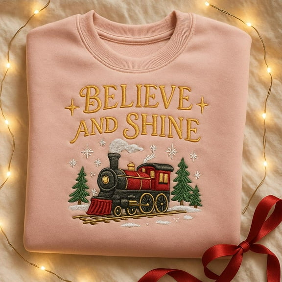Christmas Train Sweatshirt, Believe and Shine embroidered hoodie, Holiday Train Shirt, Winter Crewneck, Steam Engine Top