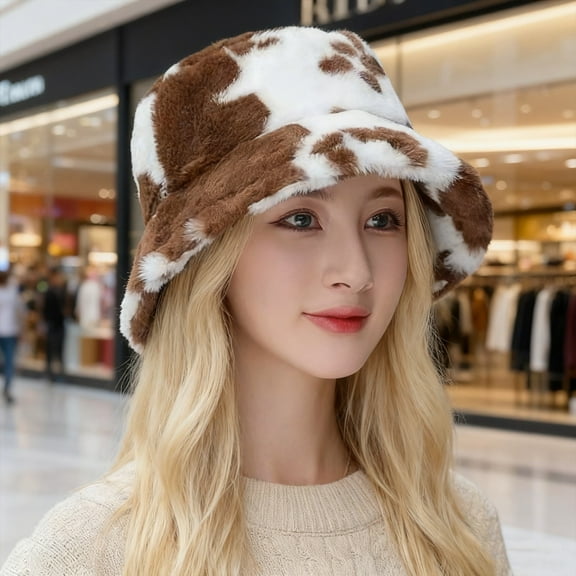 harmtty Faux Fur Fisherman Bucket Hat Milk Cow Pattern Warm Cozy Fluffy Bucket Hat Christmas Thanksgiving Headwear