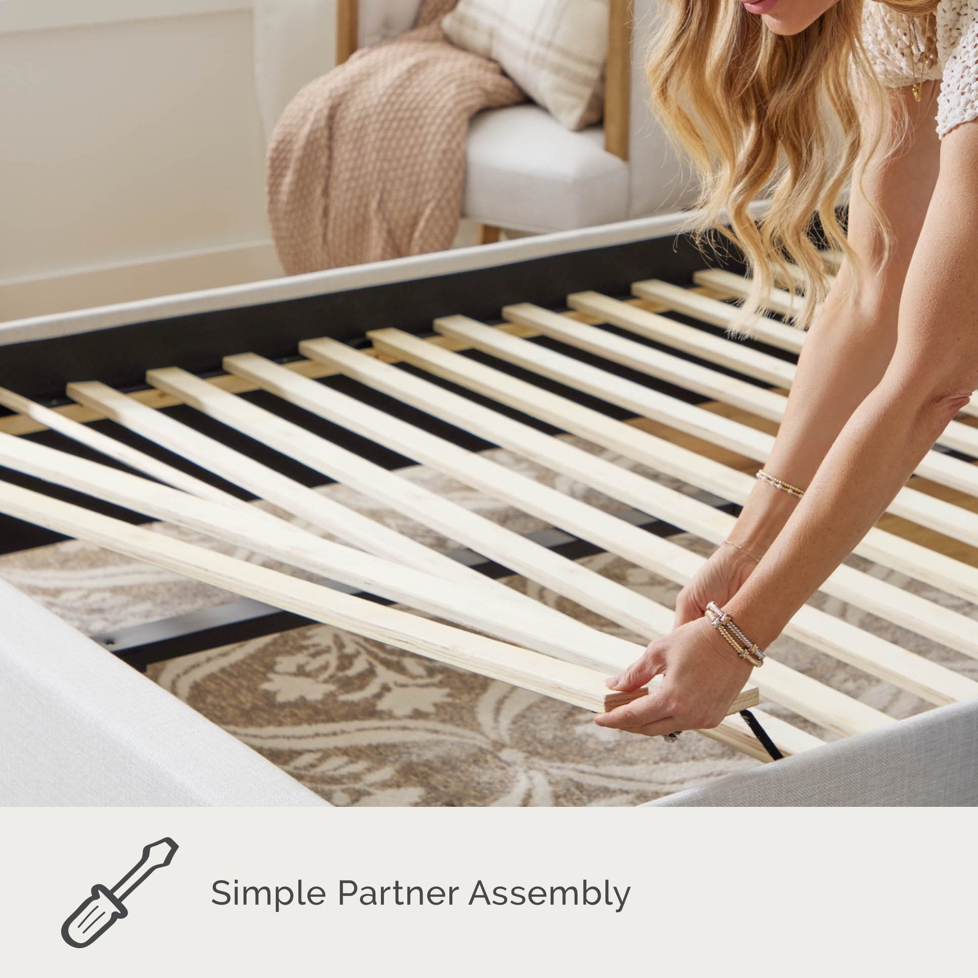 My Texas House Anna King Diamond Tufted Upholstered Slat Bed with Hardware, Cream