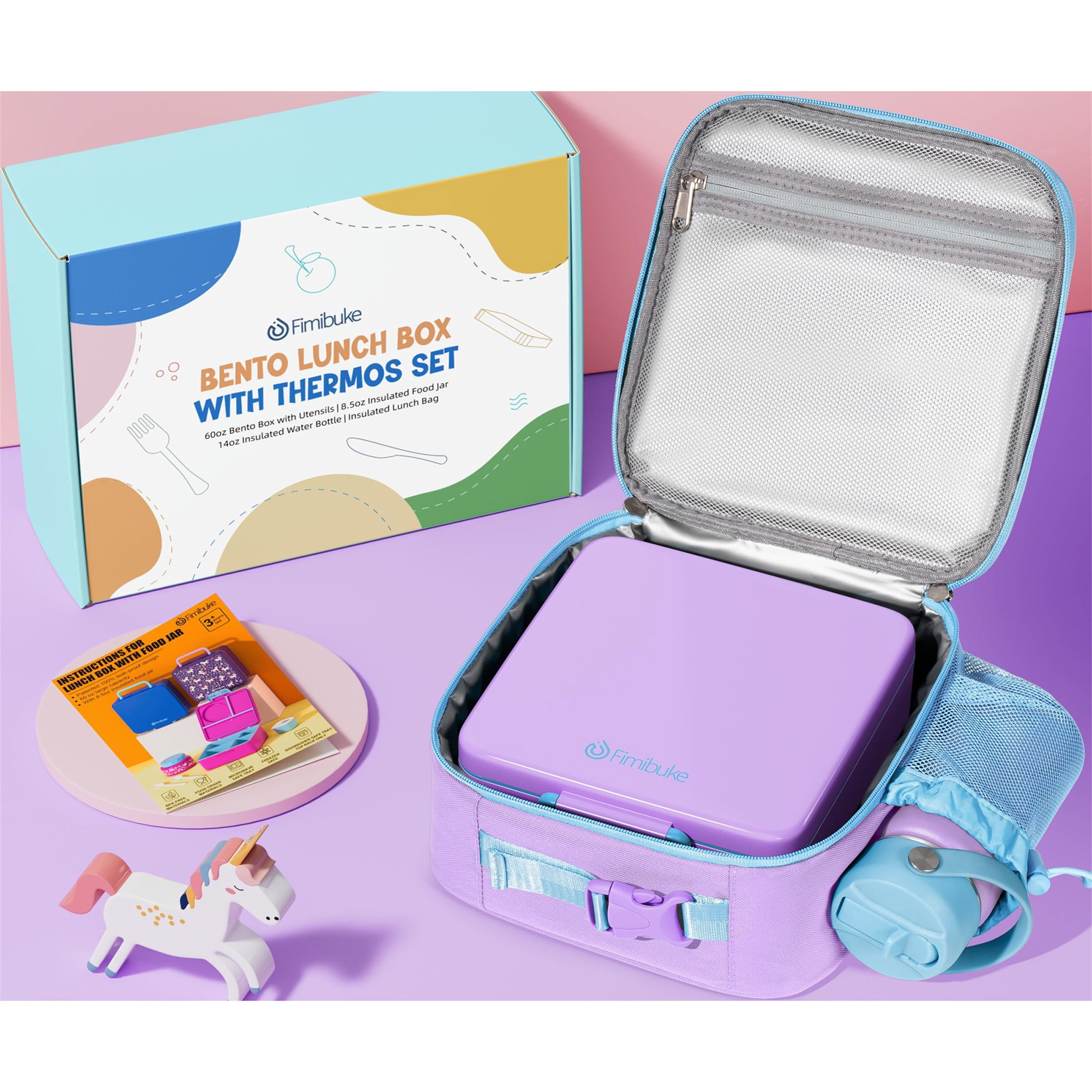 Bento Lunch Box Set for Teen Adult, Lunch Food Container 3-4 Compartment with 14 OZ Water Bottle, Food Jar, Insulated Lunch Bag, Sauce Cup, Utensils, Cotton Candy