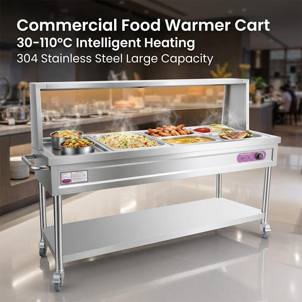 Adjustable Temperature 30℃-110℃ Commercial Food Warmer,Electric Steam Table with Shield Undershelf Wheels,Food Grade Stainless Steel Server for Hotel Catering