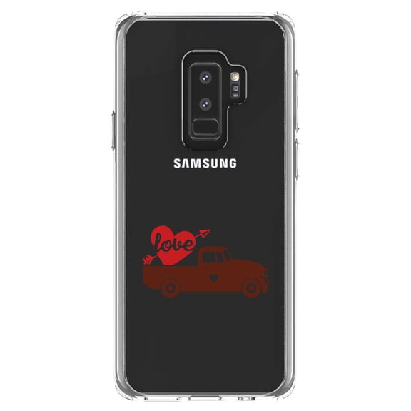 DistinctInk Clear Shockproof Hybrid Case for Samsung Galaxy S9  PLUS (6.2" Screen) - TPU Bumper Acrylic Back Tempered Glass Screen Protector - Valentine Truck Red Love Heart Arrow
