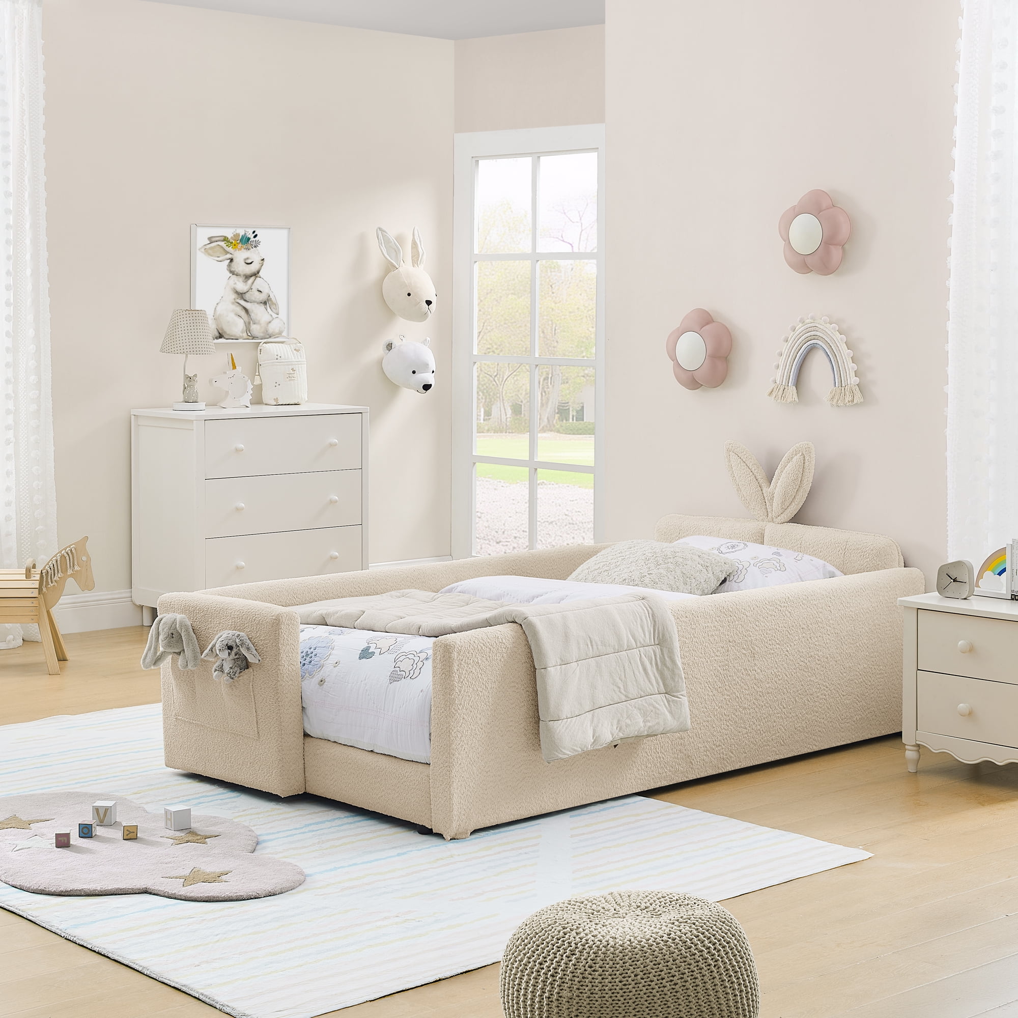 T-Joy Cute Kids Bed with Rail and Pocket, Boucle Wooden Platform Bed with Rabbit Ear, Twin Size, Camel