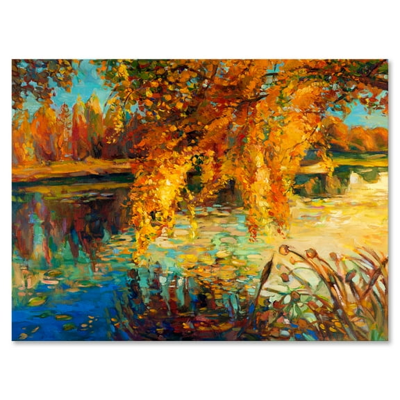 Designart ' Orange Autumn Forest Reflects On River ' Lake House Canvas Wall Art Print