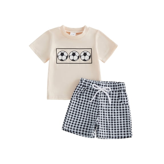 BemeyourBBs Toddler Baby Boy Football Outfit Baby Boys Summer Clothes 12 18 24 Months 2 3 4 5 Years Soccer Print Short Sleeve T-shirt and Plaid Shorts Set Baby Boy 2 Piece Summer Outfit