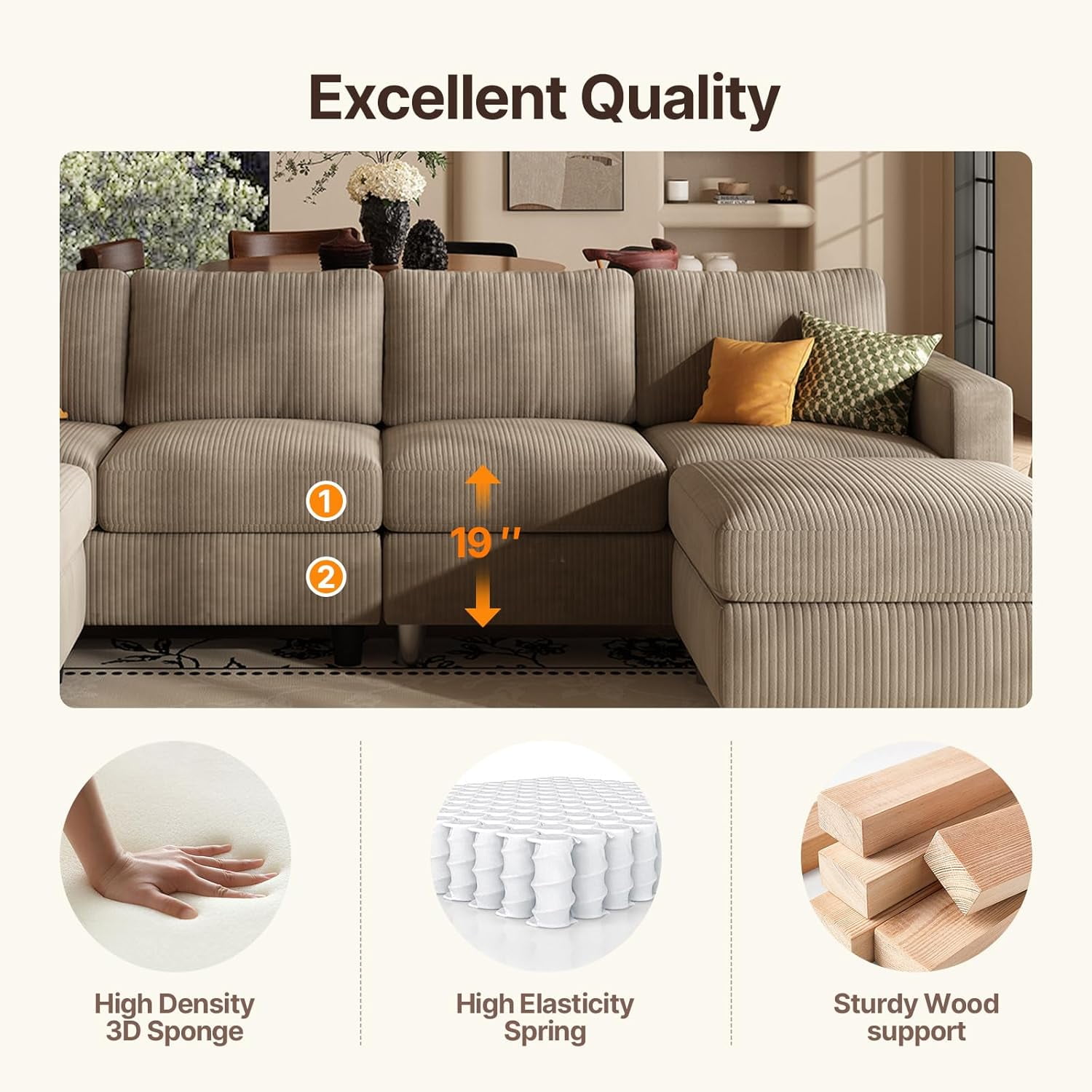 AENKYO U-Shaped Sectional Sofa Couch with 2 Ottomans, Convertible 4-Seat Living Room Furniture with Removable Cushions, Brown