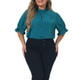 thumbnail image 1 of Blusa de manga abullonada con estampado de estrellas y cuello simulado plisado para mujer de tallas grandes Agnes Orinda 2X azul, 1 of 6