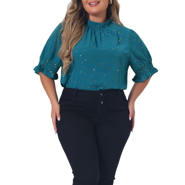 Blusa de manga abullonada con estampado de estrellas y cuello simulado plisado para mujer de tallas grandes Agnes Orinda 2X azul