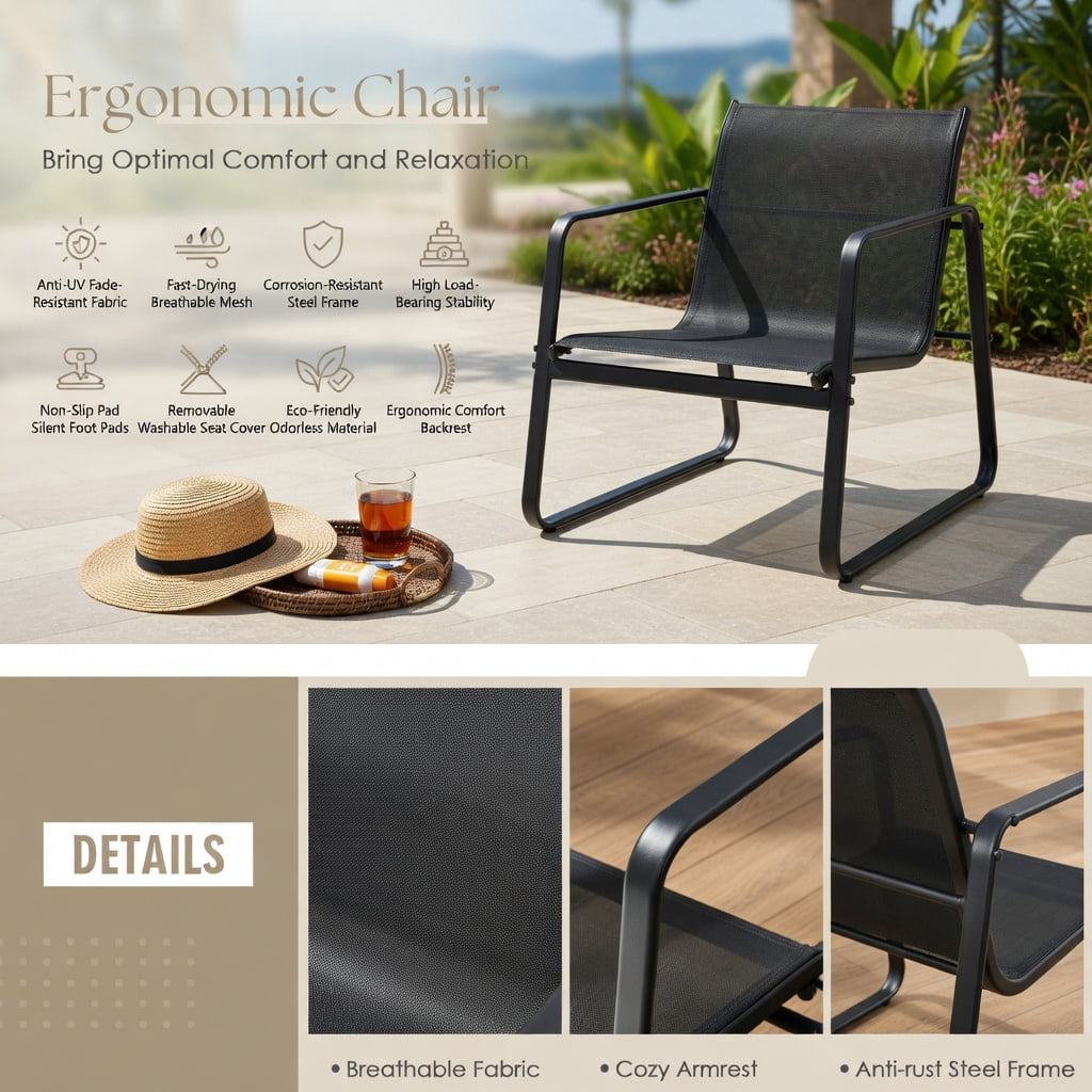 Hommoo 3-Piece Steel Patio Bistro Set with Tempered Glass Table, Modern Outdoor Dining Chairs & Coffee Table for Deck, Garden, Balcony & Poolside, Black