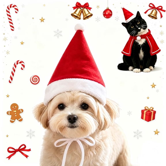 Pet Santa Hat for Small Dogs Cats with White Pompom, Adjustable Christmas Hat with Strap, Plush Santa Accessory for Holiday Pet Party Decor