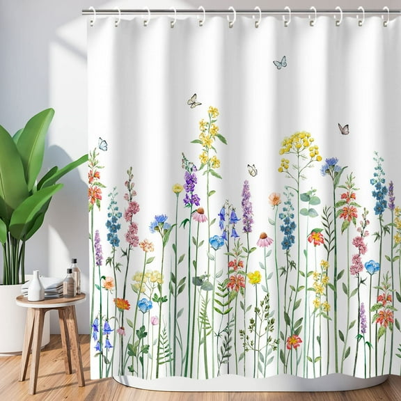 Floral Shower Curtain for Bathroom Flower Shower Curtain Watercolor Shower Curtain Colorful Butterfly Flowered Plant Wildflower Shower Curtain with Hooks, Machine Washable, 72''''Wx72''''H Spring