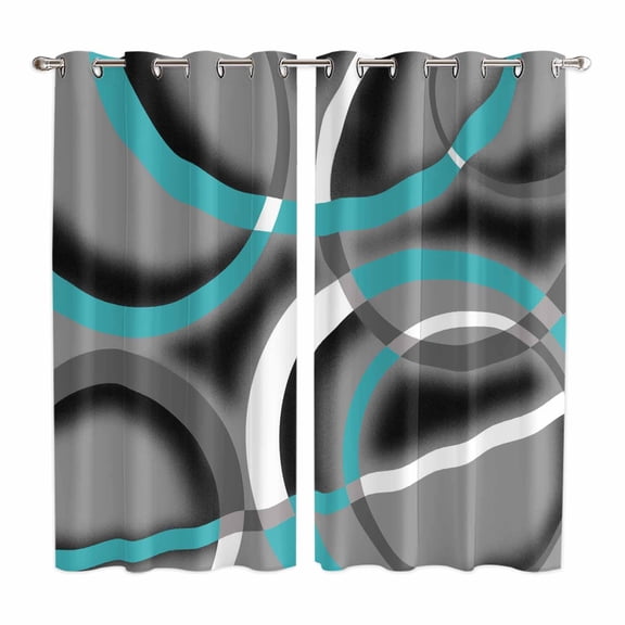 Turquoise Geometric Kitchen Curtains 63 Inch Length, Grey Classic Abstract Lines Striped Grommet Top Bedroom Living Room Curtains, Light Filtering Cafe Curtain Drapes 2 Panels Set 84''x63''