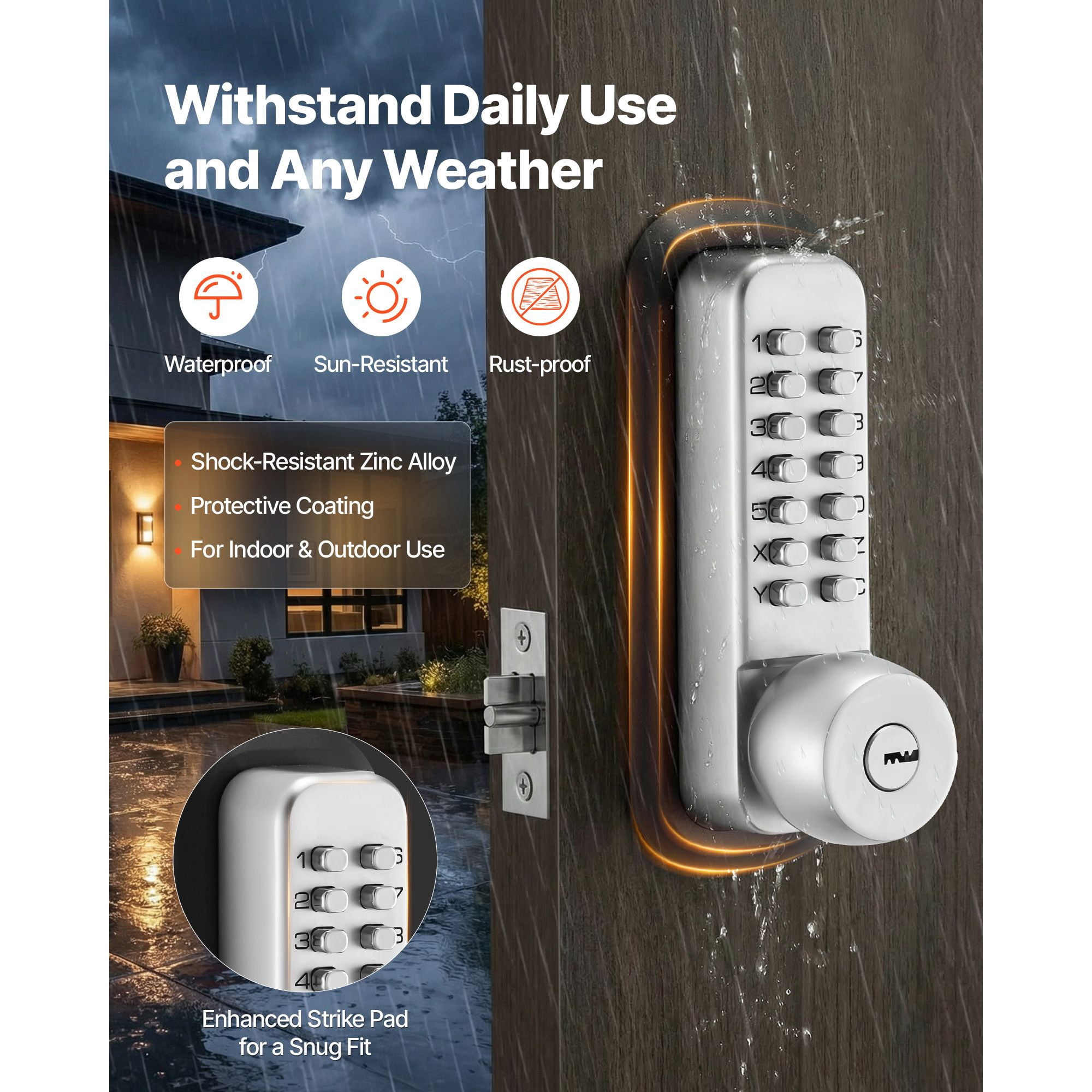 Mechanical Keyless Door Lock Gen2 Single-Sided 4-7 Digit Code No Batteries Cuttable Spindle for Front Gate Garden Garage
