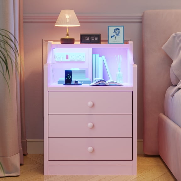 Pink Nightstand with Charging Station and LED Lights for Bedroom, Morden Night Stand with Hutch and Storage Drawers,End Side Table- 1Pcs