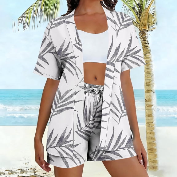 Gamivast Vacation Sets Women 2 Piece Outfits Floral Print Kimono Cardigan & Shorts with Cami Top 3 Piece Summer Suits Beach Cover Up Hawaiian Resort Clothing