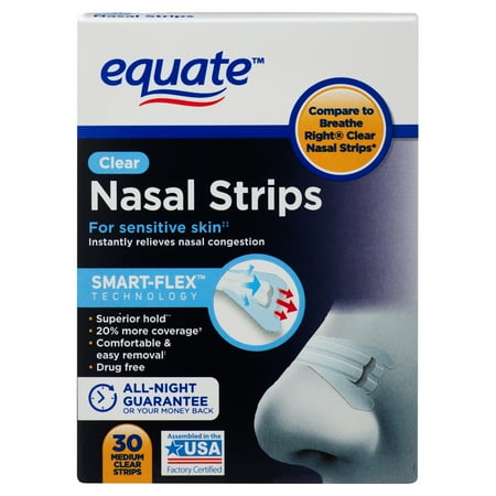 Equate Sensitive Skin Clear Nasal Strips, 30 Count, Compare to Breathe Right® Clear Nasal Strips