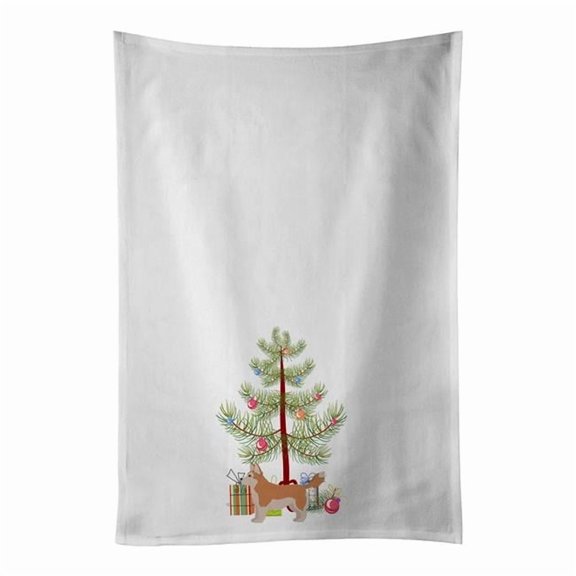 Carolines Treasures CK3824WTKT 28 x 19 in. Unisex Corgi Husky Mix Christmas Tree White Dish Towels Kitchen Towel - Set of 2