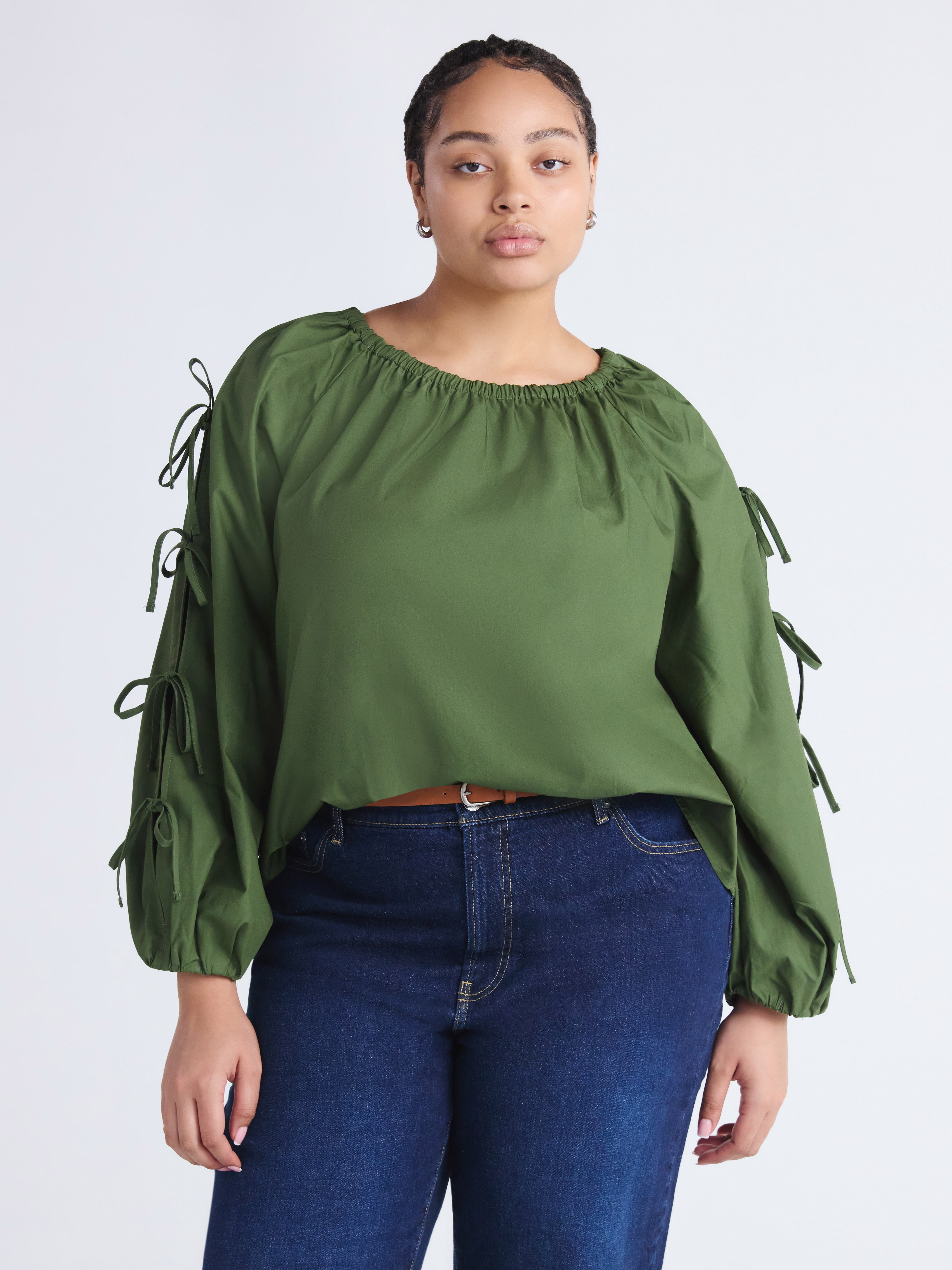 Free Assembly Women's and Women's Plus Gathered Neck Cotton Top with Long Tie Sleeves, Sizes XS-4X